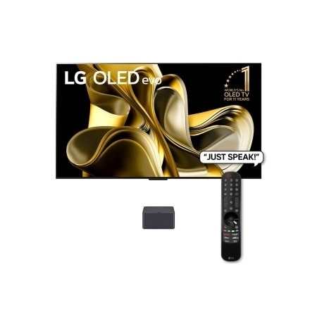 Front view with LG OLED M3 and Zero Connect Box below, 11 Years World No.1 OLED Emblem, LG OLED evo, and 5-Year Panel Warranty logo on screen