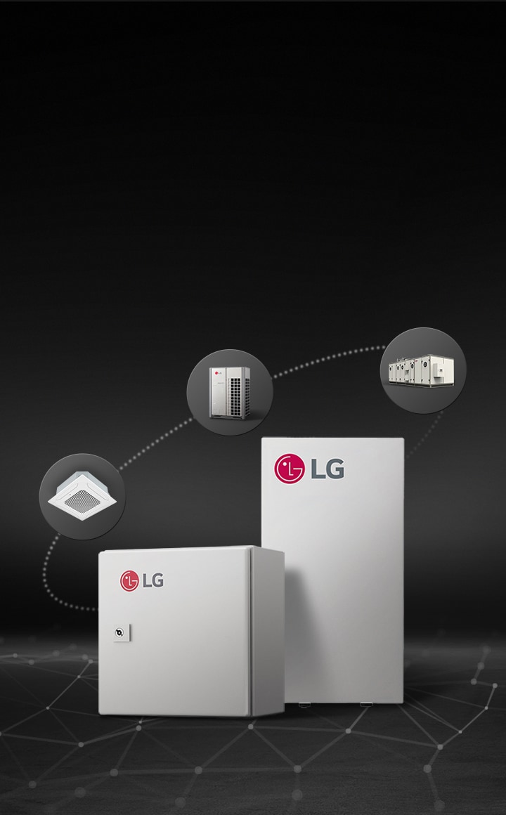 Ao redor dela há quatro dispositivos menores conectados, que representam diferentes componentes de um sistema HVAC. O plano de fundo é escuro com um padrão de grade.