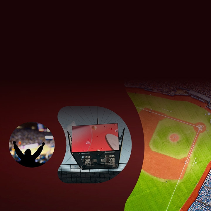 Cena de estádio de beisebol. À esquerda, a silhueta de um torcedor aplaudindo com os braços levantados. No centro, um batedor na casa base preparando-se para rebater enquanto o receptor e o árbitro estão em posição, com uma multidão de espectadores nas arquibancadas. À direita, uma visão ampla do campo e do placar sob as luzes do estádio