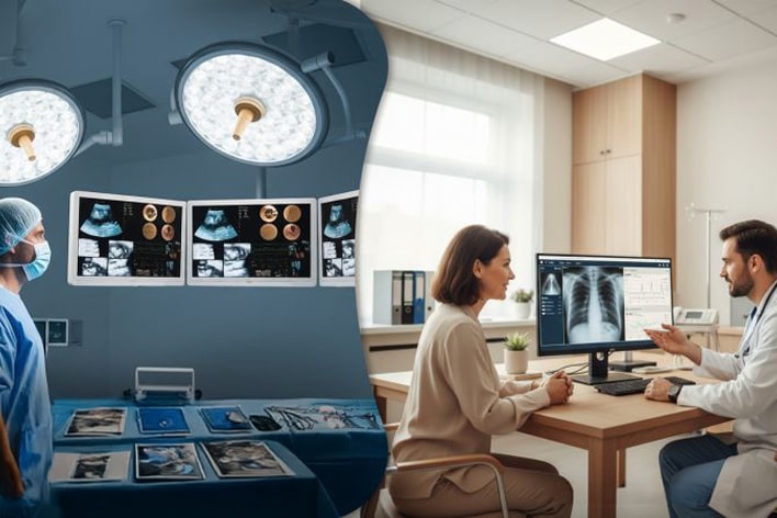 Mostra uma cena de uma sala de cirurgia de hospital onde alguém está olhando para um monitor, e outra cena de uma consulta com um médico.