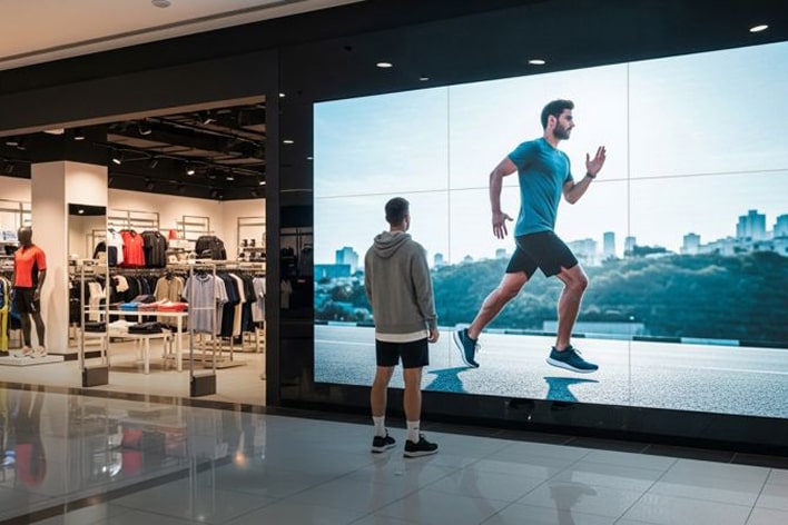 Uma imagem de um homem olhando para um display LED ao ar livre.