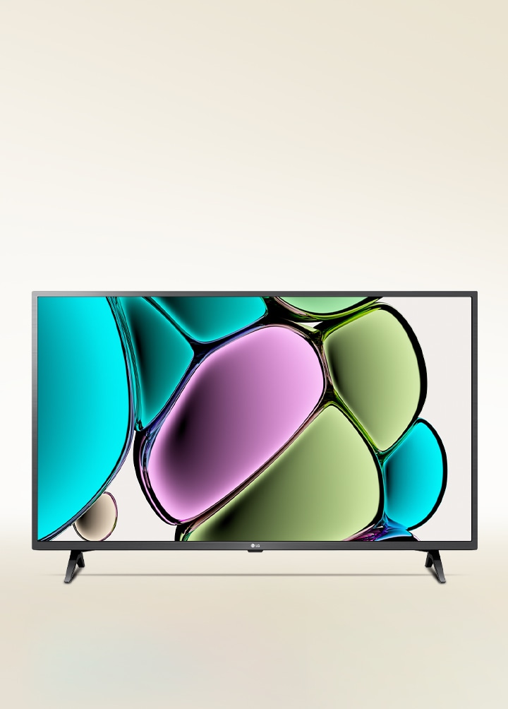 Uma arte de bolha com textura de vidro colorida com azul esverdeado, verde claro, violeta e marrom claro em uma TV LG FHD.
