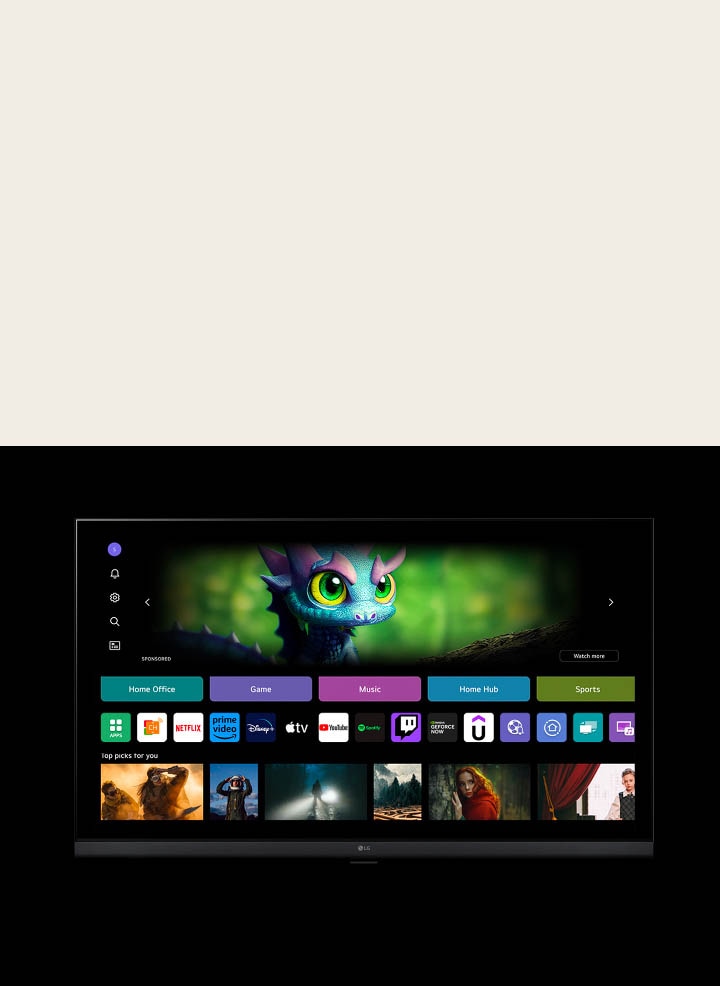 A tela inicial do webOS com um cursor clica na inicial no canto superior esquerdo e muda para outro perfil.