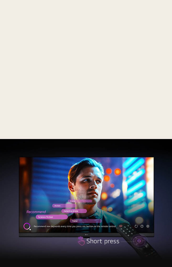 TV LG FHD e controle remoto. O botão do microfone no controle remoto acendeu e recomendações de palavras-chave de pesquisa por voz aparecem na tela.