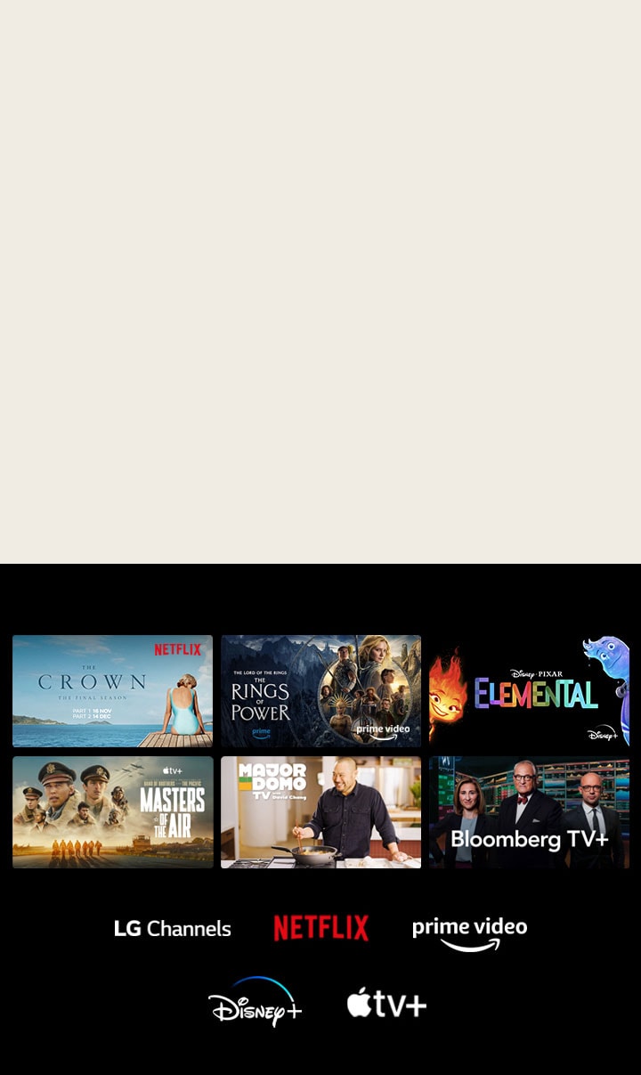 Seis miniaturas de filmes e programas de TV são exibidos com os logotipos do LG Channels, Netflix, Prime Video, Disney+ e Apple TV+ abaixo.