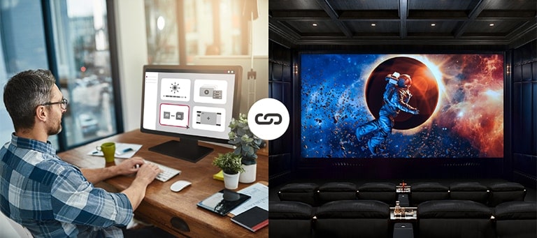 O gerente de cinema está ajustando facilmente as configurações da tela de exibição a partir do escritório.