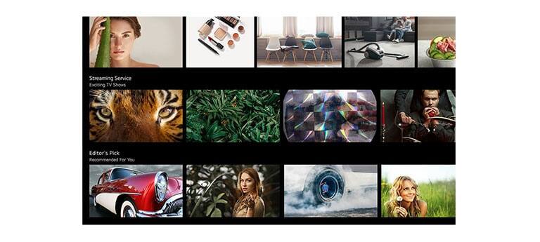 Uma tela de TV mostrando vários conteúdos listados e recomendados pela IA da LG ThinQ. (reproduzir o vídeo)