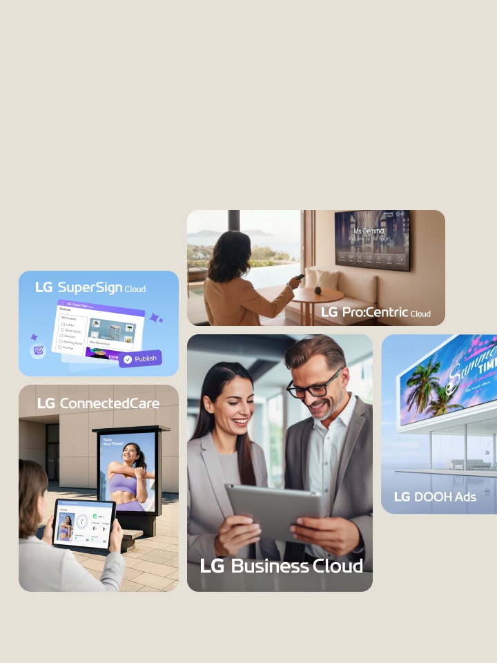 Illustration 3D du concept LG Business Cloud montrant les bâtiments connectés, les écrans et les tableaux de bord de données sous un grand nuage flottant