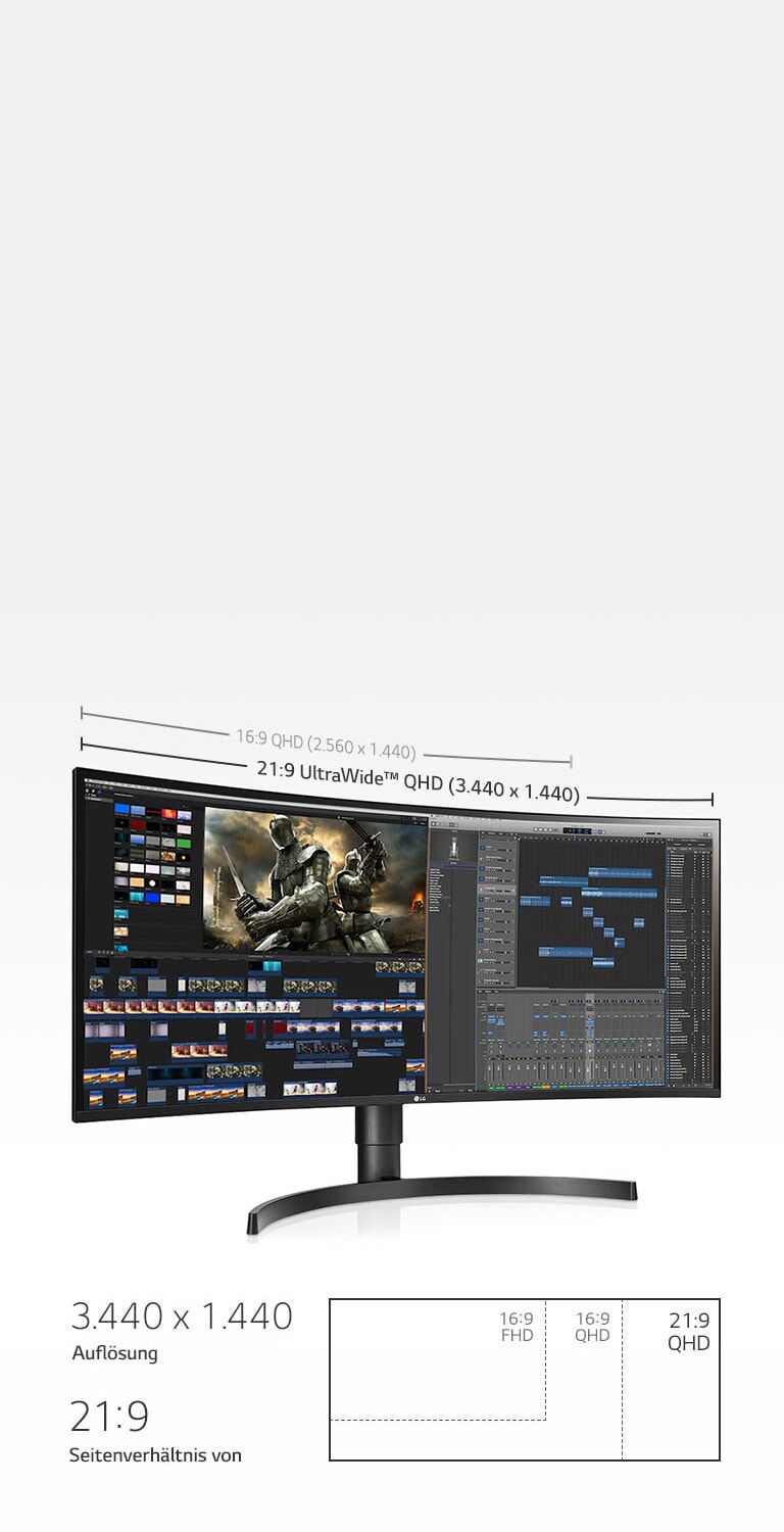 Der 21:9-QHD-Bildschirm (3.440 x 1.440) ist 2,4-mal breiter als ein 16:9-Full-HD-Bildschirm (1.920 x 1.080) und hat 880 Pixel mehr als ein 16:9-QHD-Modell (2.560 x 1.440).