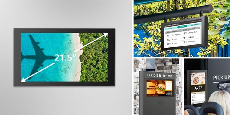 The left one shows a 22XE1J installed on the wall Das linke Bild zeigt einen an der Wand installierten 22XE1J mit einer Größe von 21,5". Auf der rechten Seite sind verschiedene Bildschirmtypen zu sehen: Ein hängender Typ, ein Kiosktyp und ein freistehender Installationstyp.its 21.5" in size. On the right, there are various screen types: A hanging type, kiosk type, and stand-alone installation type."