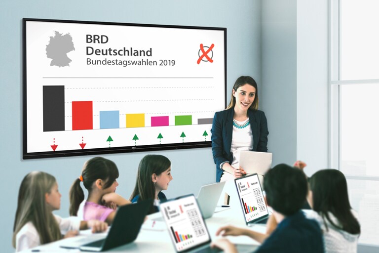 Ein Lehrer hält eine Unterrichtsstunde und der auf dem Display angezeigte Inhalt wird auf den Laptops der Schüler freigegeben.