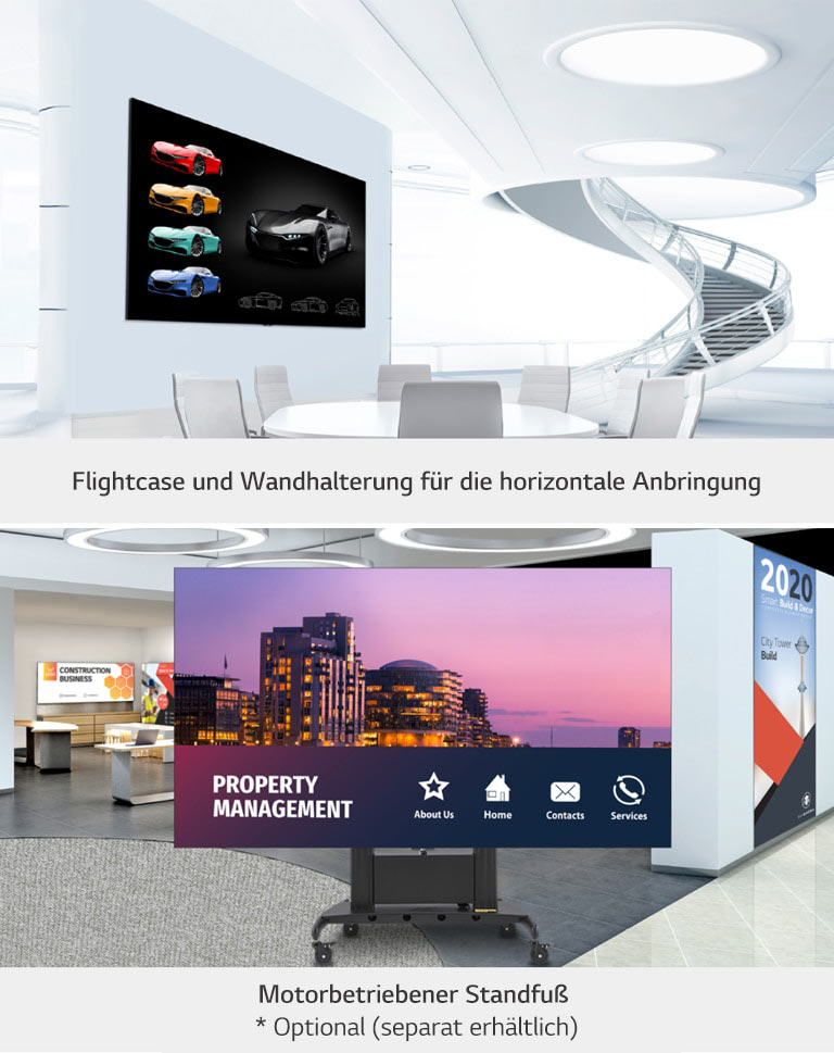 Der LAEC ist an der Wand eines Hochhauses mit Wandmontage installiert. Die LAECs wurden zusammen mit dem motorisierten Standfuß in einer Veranstaltungshalle installiert.