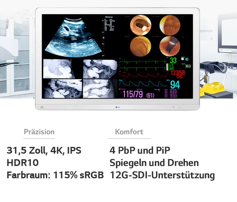 "Präzision: 31,5 Zoll, 4K, IPS/HDR10/Farbraum: 115 % sRGB, Komfort: 4 PbP und PiP/Spiegeln und Drehen/12G-SDI-Unterstützung"