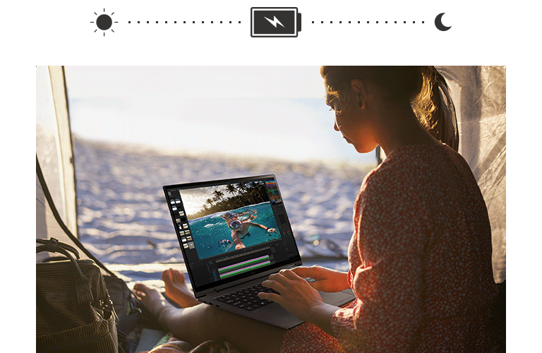 Wir sehen ein LG gram, das von früh bis spät ohne Stromzufuhr läuft.