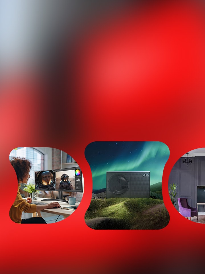 Banner com fundo vermelho e cinco imagens circulares. Da esquerda para a direita: uma mulher lavando roupa em uma máquina de lavar LG, o slogan da LG "Life's Good" (A vida é boa), uma pessoa trabalhando em um computador em um escritório em casa, um ar-condicionado externo da LG sob a aurora boreal e um quarto moderno com iluminação elegante.