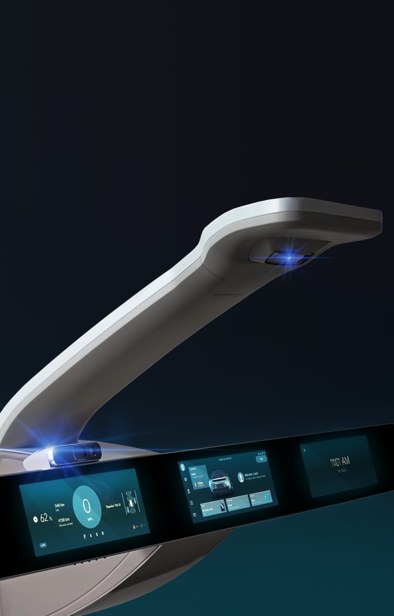 Vehicle camera sensing an object shows LG VS ADAS vision processing for driving and in-cabin monitoring.