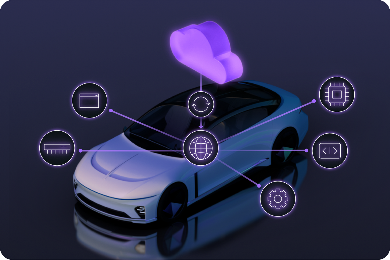 Cloud-connected vehicle graphic shows LG BaseWare Security-Focused & Cloud-Connected OTA software updates.