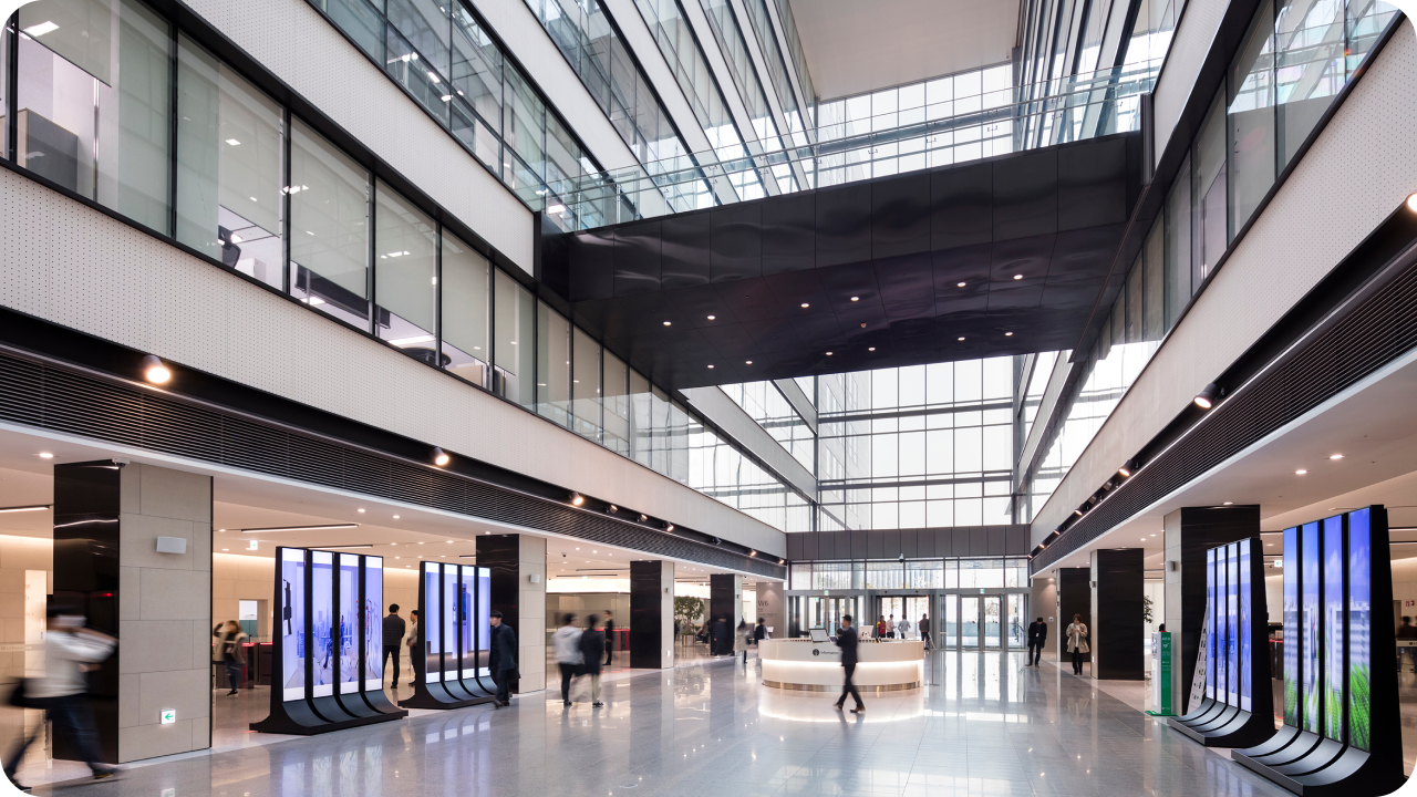 LG Science Park lobby shows LG Electronics VS Company enabling innovation through cross-industry R&D and advanced technology.