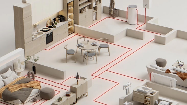 LG Therma V air to water heat pump system diagram showing indoor heating pipe connections for residential and commercial spaces. LG Therma V air to water heat pump system diagram showing indoor heating pipe connections for residential and commercial spaces.