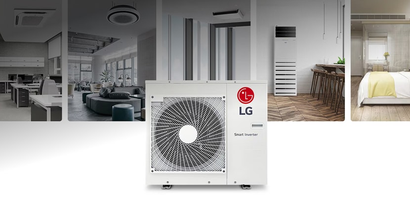 G Smart Inverter outdoor air conditioning unit displayed with examples of indoor applications in living room, dining area, and bedroom.