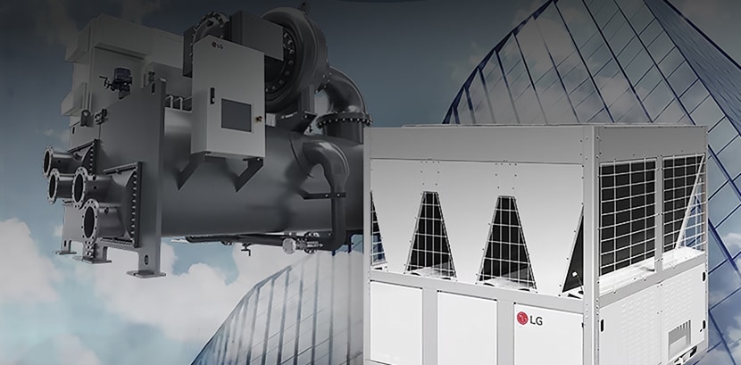 Large industrial LG chiller system with advanced control panel, installed in a dark facility environment.