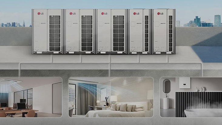 LG VRF System outdoor units connected to multiple indoor environments. Efficient HVAC technology delivering optimized cooling and heating across buildings