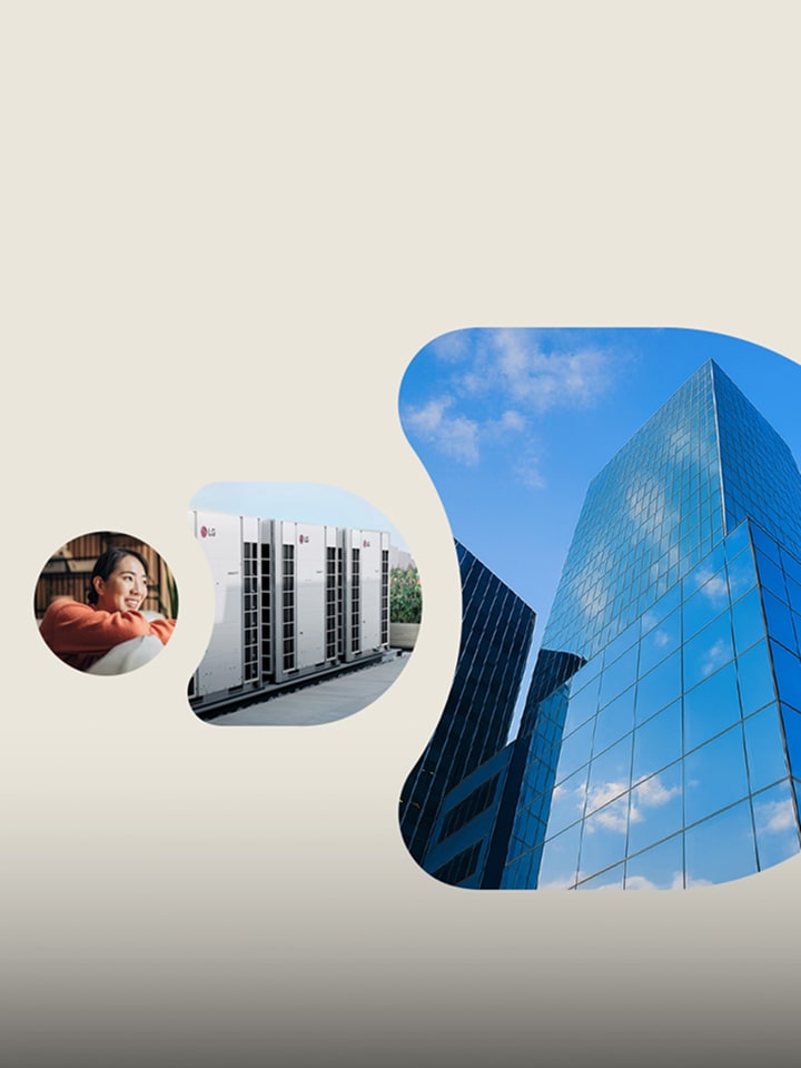 Collage showing a technician installing an air conditioning unit, a close-up of a ventilation grille, and a smiling woman relaxing indoors