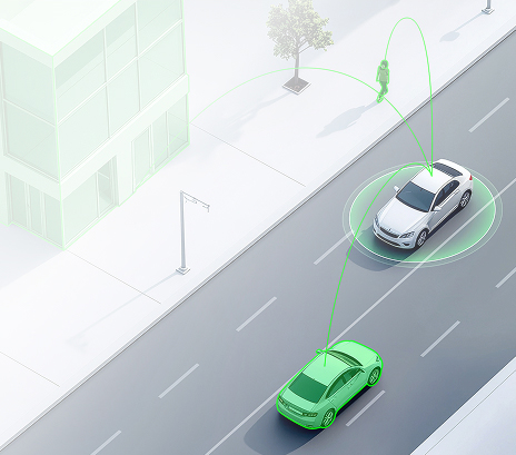 Illustration of connected vehicles on a road, highlighting seamless on-road experiences through digital connectivity.