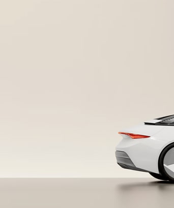 Modern white car with digital interface overlay, representing smart software solutions designed for mobility.