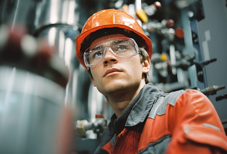 Worker in safety gear inspecting industrial equipment in a workplace environment