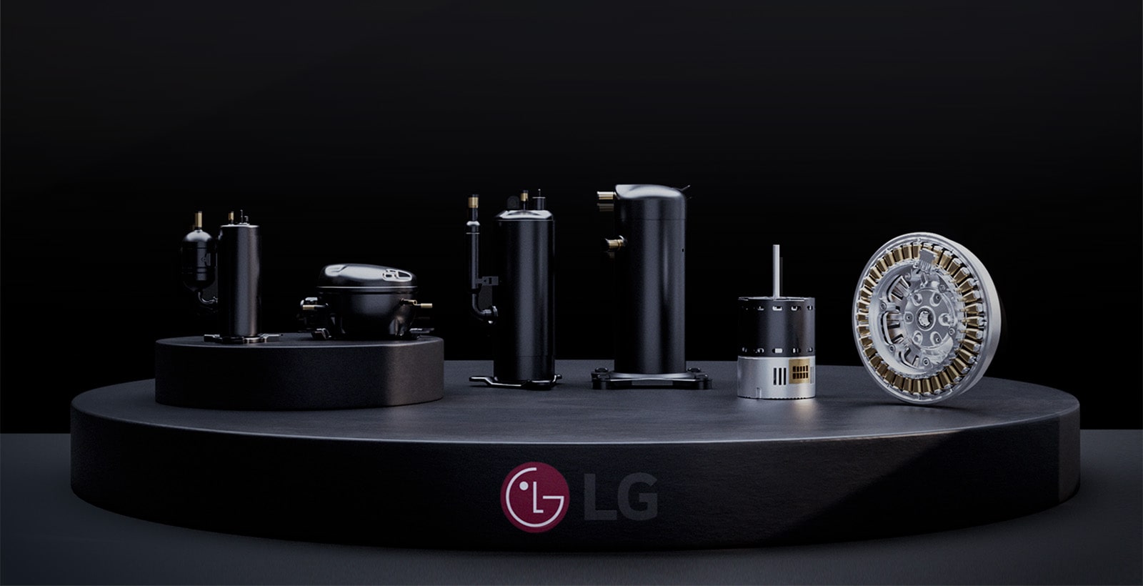 LG components including compressors motors and mechanical parts displayed on a circular platform representing advanced HVAC and heat pump technology