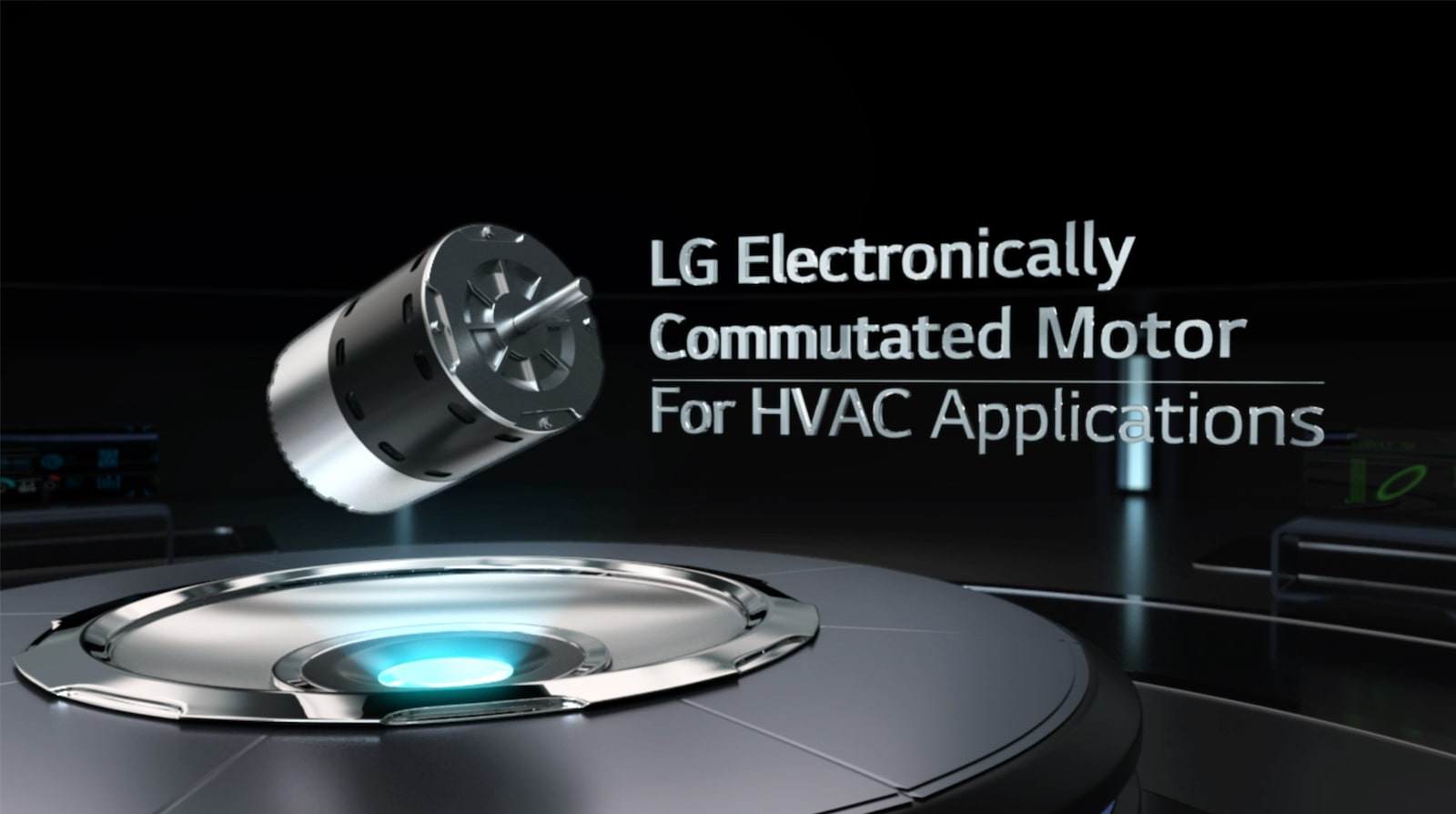 A 3D rendered image of an LG Electronically Commutated Motor for HVAC Applications with a play button to watch a video