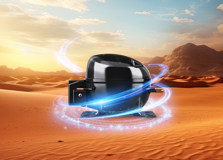 LG fixed speed reciprocating compressor unit in a desert landscape with swirling blue energy lines. The background shows sand dunes and a bright sky.