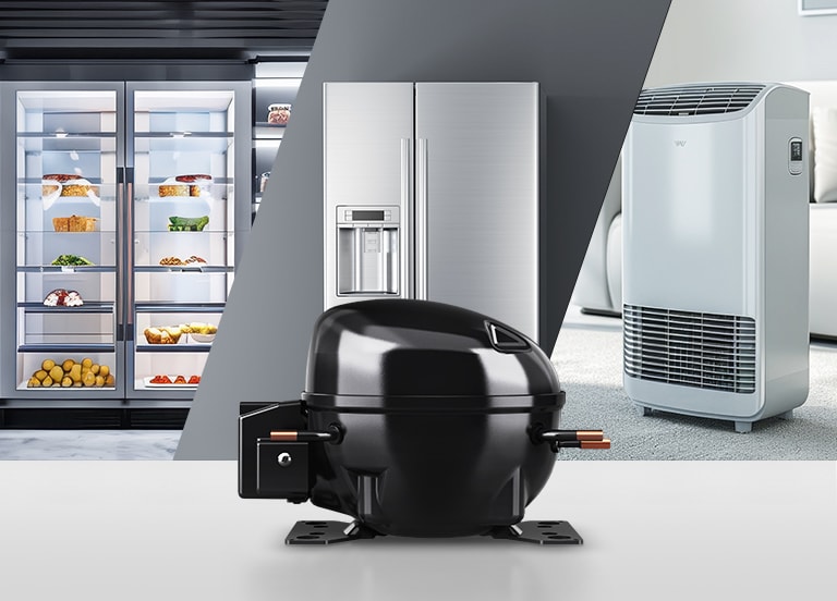LG fixed speed reciprocating compressor, showcased in front of refrigerator and air conditioner units.