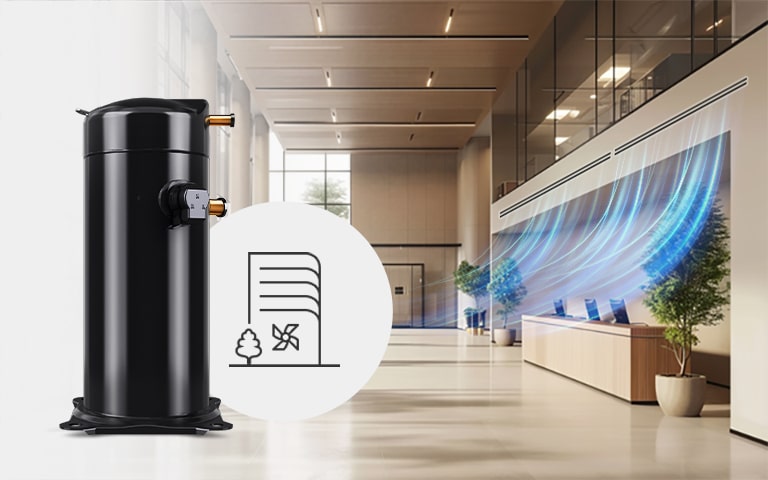 Air conditioning blowing in a home, with a Fixed Speed Scroll Compressor and house icon overlaid on the picture.