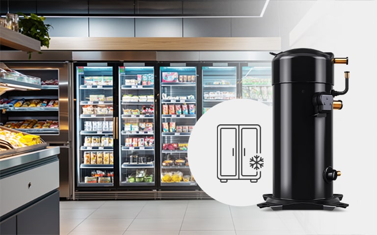 Commercial Refrigeration is on with a Fixed Speed Scroll Compressor and refrigeration icon overlaid on the picture.