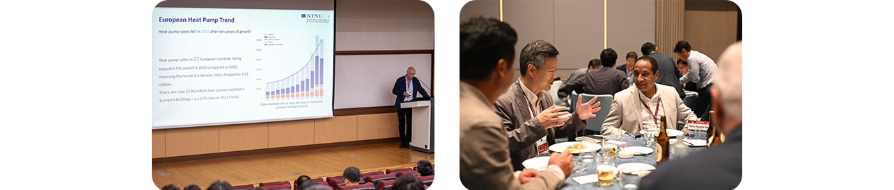 Conference presentation on European heat pump trends and networking dinner with professionals discussing industry insights.