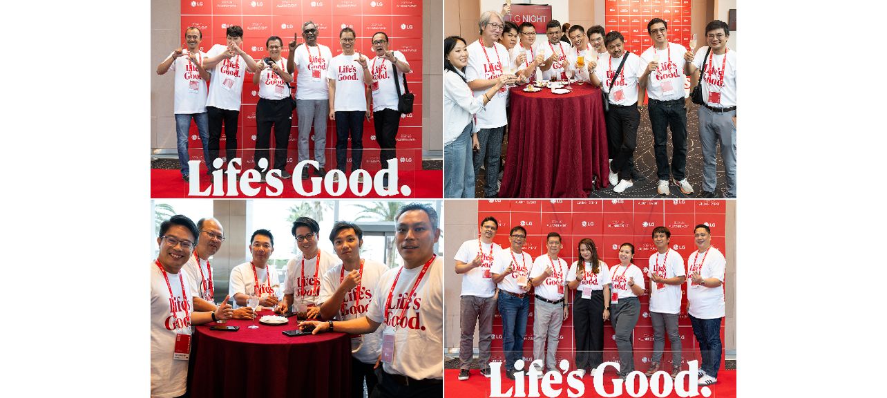 Collage of groups of people at the 2024 LG Alumni Event, wearing 'Life's Good' shirts and posing in front of an LG-branded backdrop, and mingling around a table.