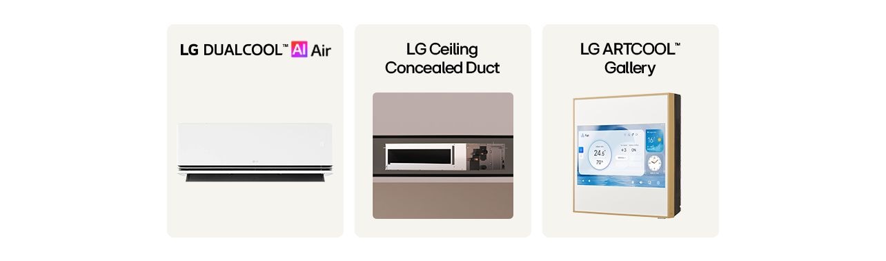 LG DUALCOOL AI Air, LG Ceiling Concealed Duct, and LG ARTCOOL Gallery air conditioner product lineup. Smart home HVAC.