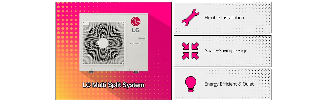 LG Multi Split: Space-efficient with flexible temperature control, ideal for commercial use with multiple indoor units.
