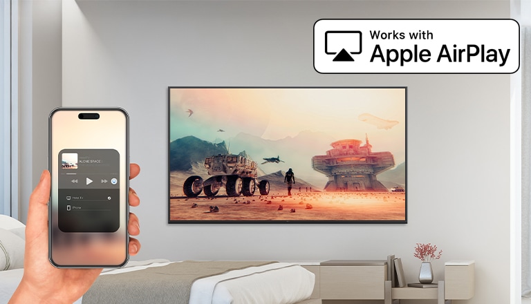 The image demonstrates that the AirPlay feature allows content from an iPhone to be displayed on the in-room hotel TV.