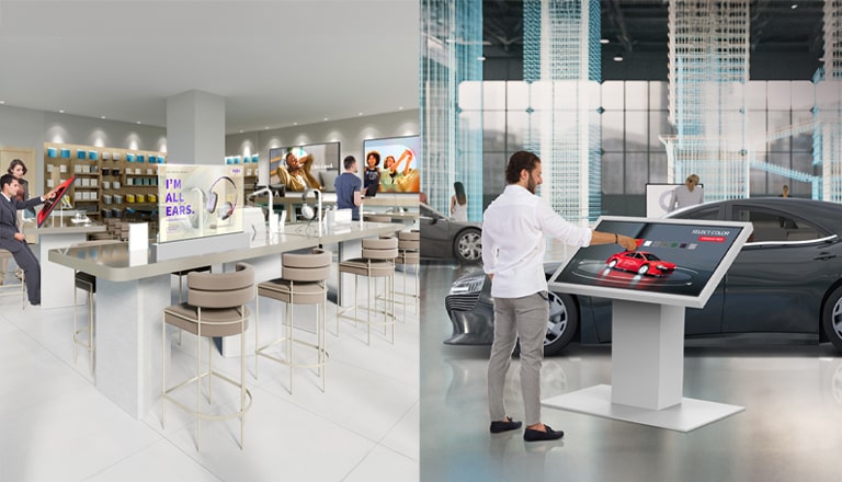 LG SuperSign CMS is optimized for all LG signage displays, and this is illustrated with a simple usage scene. On the left, the image shows content displayed on signage within a Telecom Store, while on the right, it shows content displayed on signage in a Dealer Shop.