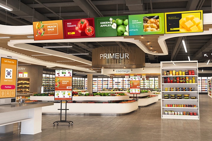 Modern supermarket produce section with digital signage displays promoting peach sale, red tomato, green apples, macaroni, and cheese, alongside self-checkout kiosks and neatly organized grocery shelves.