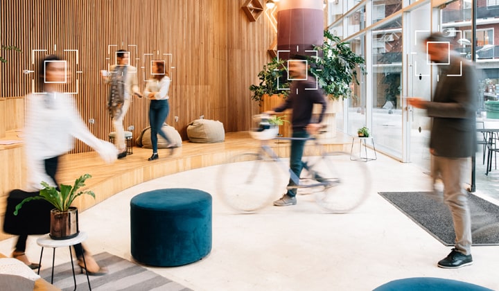 This image shows the view from the digital signage itself, demonstrating how it analyzes foot traffic data of people nearby.