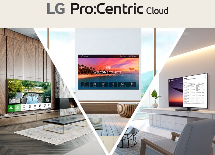 LG Pro:Centric Cloud is a content management solution specialized for hotels, allowing different content to be set and distributed to each room. This image shows three individual guest rooms displaying different content, with each hotel TV screen showing personalized welcome messages or flight schedules.