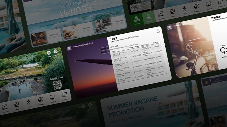 This image shows an example of customized content created for each room using the LG Pro:Centric Cloud solution.