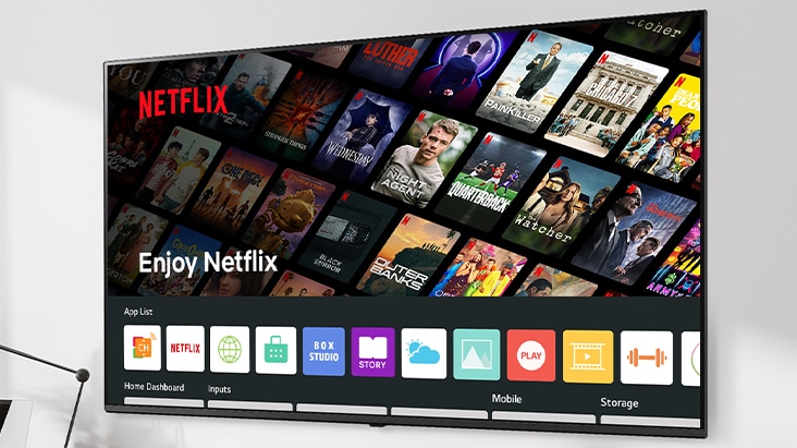 The hotel TV screen shows Netflix playing. LG Pro:Centric Cloud supports automatic logout when guests check out.