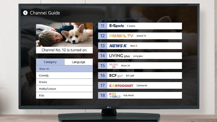 LG Pro:Centric Cloud offers LG Channels for free on hotel TVs, and the image illustrates this example.