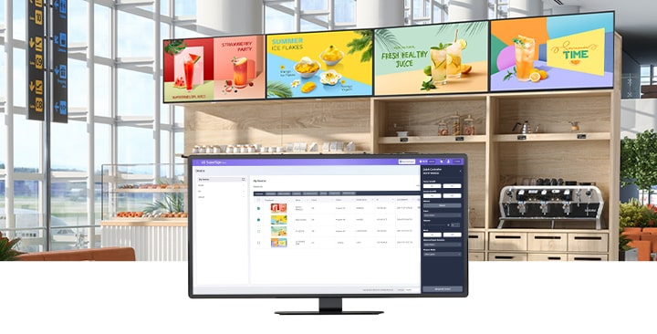 This example shows multiple signages inside a café, each displaying various content delivered through LG SuperSign Cloud.