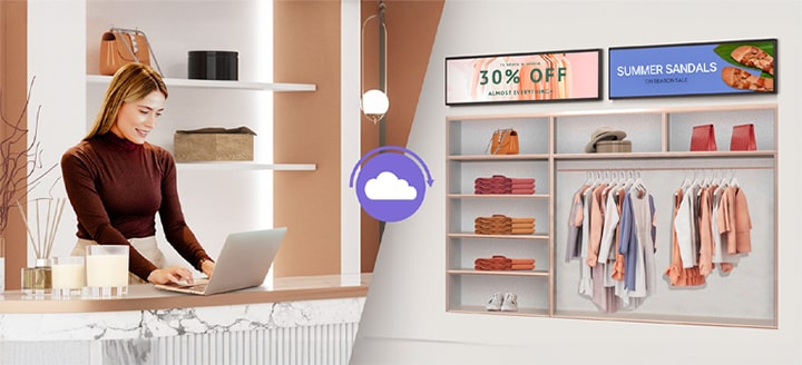 The image shows a store staff member using a laptop to send apparel promotions and advertising images to two stretch signage displays via LG SuperSign Cloud.